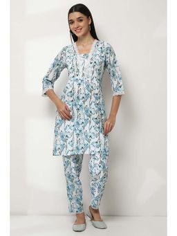 Rangriti - Blue V-Neck Printed Kurta with Pant (Set of 2)