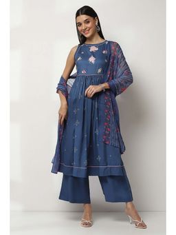 Rangriti - Blue Round Neck Printed Kurta with Pant and Dupatta (Set of 3)