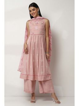 Rangriti - Pink Round Neck Printed Kurta with Pant and Dupatta (Set of 3)