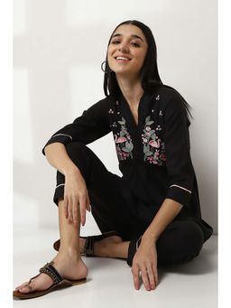 Rangriti - Black V-Neck Embroidered Kurta with Pant (Set of 2)