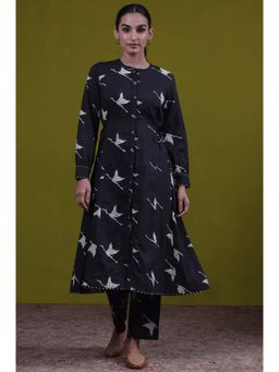 Folksong - Black Mandarin Neck Printed Kurta with Pant (Set Of 2)