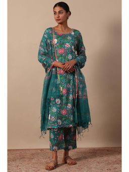 Folksong - Green Round Neck Floral Kurta with Pant and Dupatta (Set Of 3)