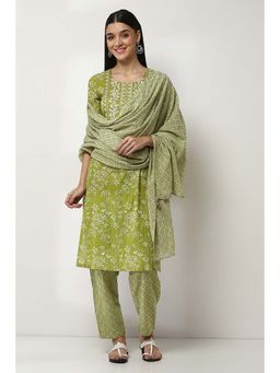 Rangriti - Green Round Neck Printed Kurta with Pant and Dupatta (Set of 3)