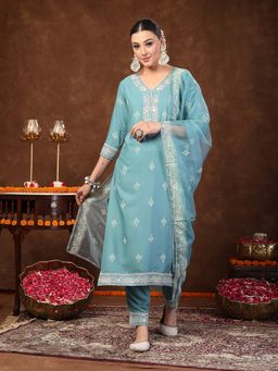 Stylum - Blue V-Neck Printed Kurta with Pant and Dupatta (Set of 3)