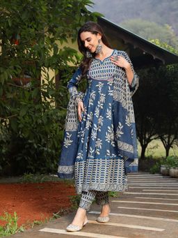 Stylum - Blue Round Neck Floral Anarkali Kurta with Pant and Dupatta (Set of 3)
