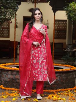 Stylum - Pink V-Neck Floral Kurta with Pant and Dupatta (Set of 3)