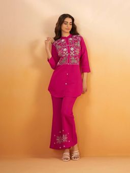 KAFTANIZE - Pink Round Neck Embroidered Top with Trouser (Set of 2)