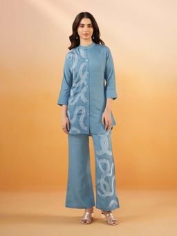 KAFTANIZE - Blue Round Neck Embroidered Top with Trouser (Set of 2)