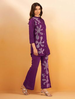 KAFTANIZE - Purple Mandarin Neck Embroidered Top with Trouser (Set of 2)