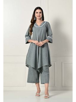 Laado - Olive V-Neck Solid/Plain Kurta with Palazzo (Set of 2)