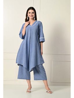 Laado - Blue V-Neck Solid/Plain Kurta with Palazzo (Set of 2)