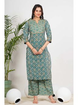 Vbuyz - Blue Mandarin Neck Floral Kurta with Palazzo (Set of 2)