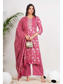 Vbuyz - Pink Round Neck Floral Kurta with Palazzo and Dupatta (Set of 3)