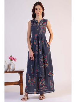 W - Blue Mandarin Neck Floral Kurta with Pant (Set of 2)