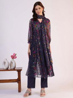 W - Blue V-Neck Floral Kurta with Pant and Dupatta (Set of 3)