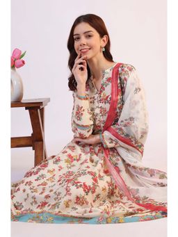 W - Mandarin Neck Floral Kurta with Pant and Dupatta (Set of 3)