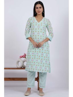 W - Blue V-Neck Embroidered Kurta with Pant (Set of 2)