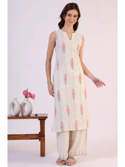 W - Beige Round Neck Embroidered Kurta with Pant (Set of 2)