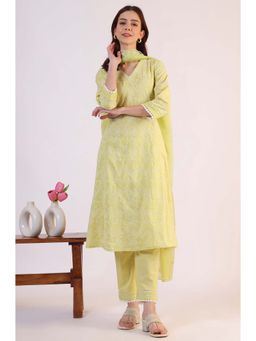 W - Green V-Neck Embroidered Kurta with Pant and Dupatta (Set of 3)