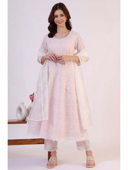 W - Pink Round Neck Printed Kurta with Pant and Dupatta (Set of 3)