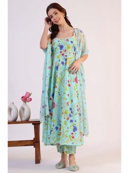 W - Blue Shoulder Straps Floral Kurta with Pant and Dupatta (Set of 3)