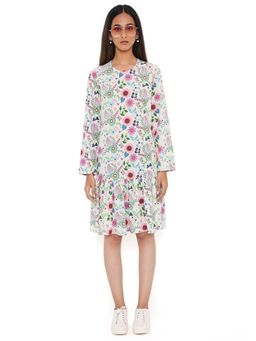PS Pret by Payal Singhal - Off White Spring Floral Garden Print Art Crepe Frill Hem Dress