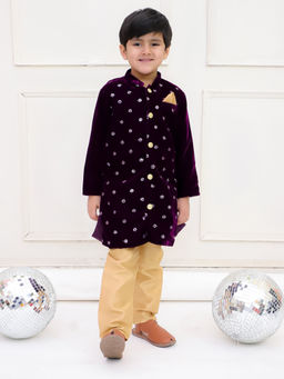 KID1 - Purple Embroidered Velvet Sherwani & Pyjama (Set of 2)
