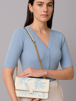 ESBEDA - Cream Color Leaf Embroidery Crossbody Sling Bag for Women