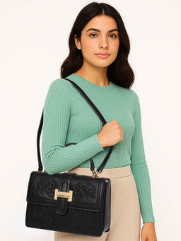 ESBEDA - Black Color Floral Embroidery Structured Sling Bag for Women
