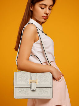 ESBEDA - Cream Color Floral Embroidery Structured Sling Bag for Women