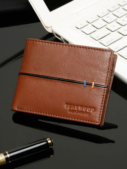 Teakwood - Men'S Tan Leather Two-Fold Wallet with Contrasting Brown Piping