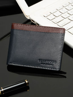 Teakwood - Men’S Two-Fold Navy with Brown Contrast Strap Leather Wallet