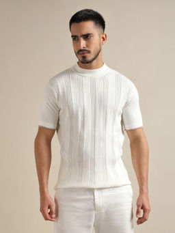 Andamen - Regular Fit Off White Mens Casual Mock Neck T-Shirt