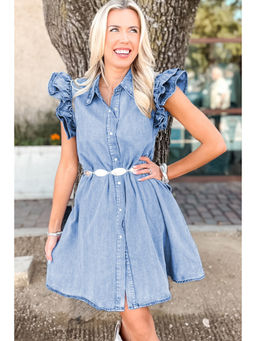 PARTIQ - Women Blue Solid Mini Dress with Belt (Set of 2)