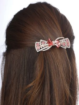 Yellow Chimes - Gold Toned Bow Designed Red Crystal Studded French Baratte Hair Clip