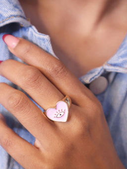 Pipa Bella by Nykaa Fashion - Gold & Pink Heart Enamel Evil Eye Ring