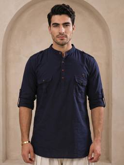 KUONS AVENUE - Indigo Linen Cotton Pathani Kurta