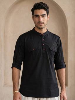 KUONS AVENUE - Black Linen Cotton Pathani Kurta