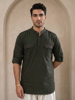 KUONS AVENUE - Dark Olive Linen Cotton Pathani Kurta
