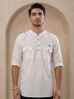 KUONS AVENUE - White Linen Cotton Pathani Kurta