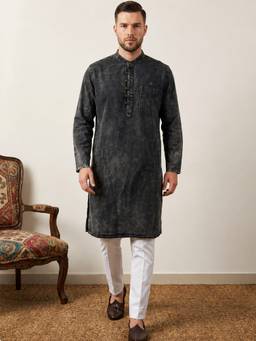 KUONS AVENUE - Black Cloud Washed Denim Knee Length Kurta