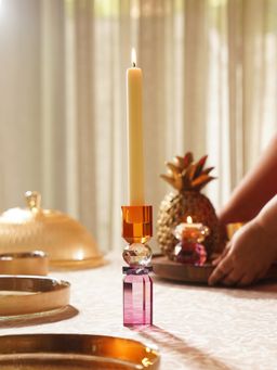 Pure Home + Living - Pink Orange Amber Cylindrical Glass Crystal Candle Holder