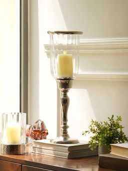 Pure Home + Living - Silver Hammered Hurricane Candle Holder with Stand