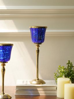 Pure Home + Living - Blue Glass Hurricane with Hammered Base