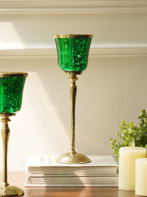 Pure Home + Living Green Glass Hurricane with Hammered Base