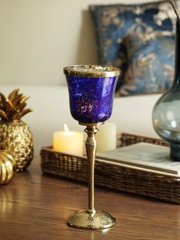Pure Home + Living - Blue Glass Hurricane with Hammered Base