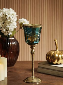 Pure Home + Living - Teal Glass Votive Hurricane with Hammered Base