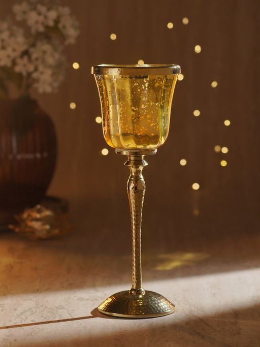 Pure Home + Living Gold Glass Hurricane with Hammered Base