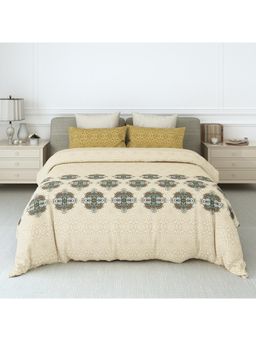 LABHAM - 180Tc Pure Cotton Ethnic Print Flat Beige Bedsheet with 2 Pillow Covers (King)