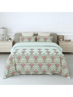 LABHAM - 180Tc Pure Cotton Ethnic Print Flat Blue Bedsheet with 2 Pillow Covers (King)